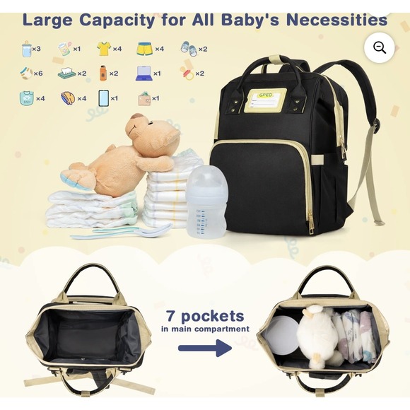 Large Capacity Baby Diaper Bag W/ Insulated Pockets Backpack - Black - Picture 4 of 8